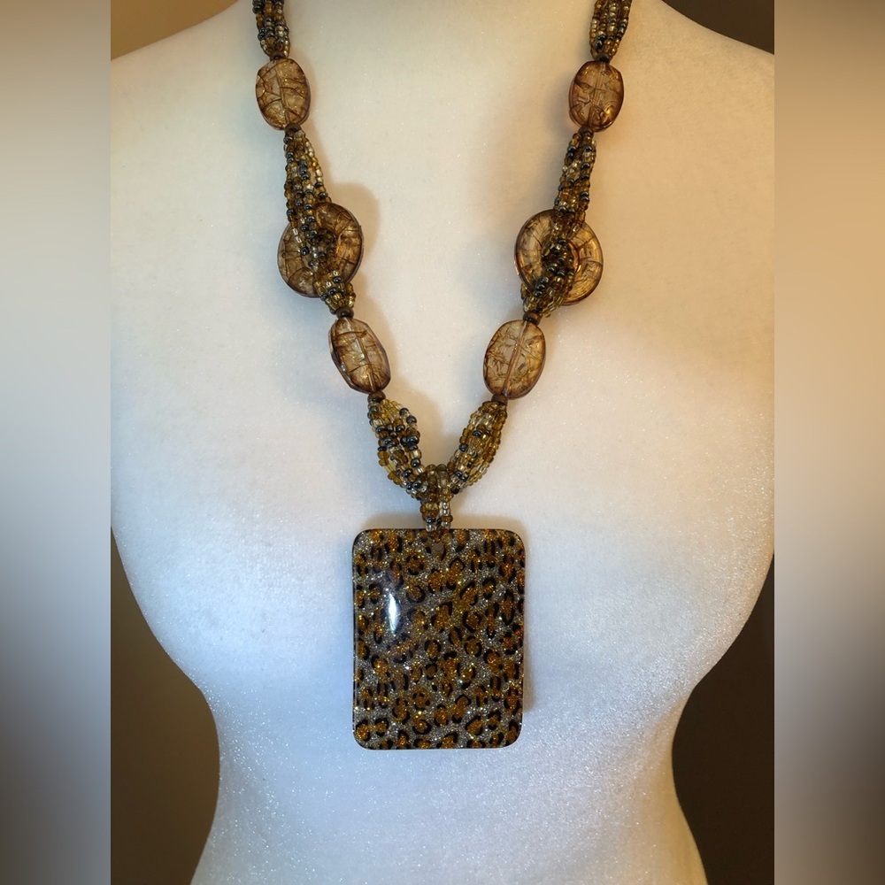 Leopard Print Statement Pendant Necklace Gold Ton… - image 1